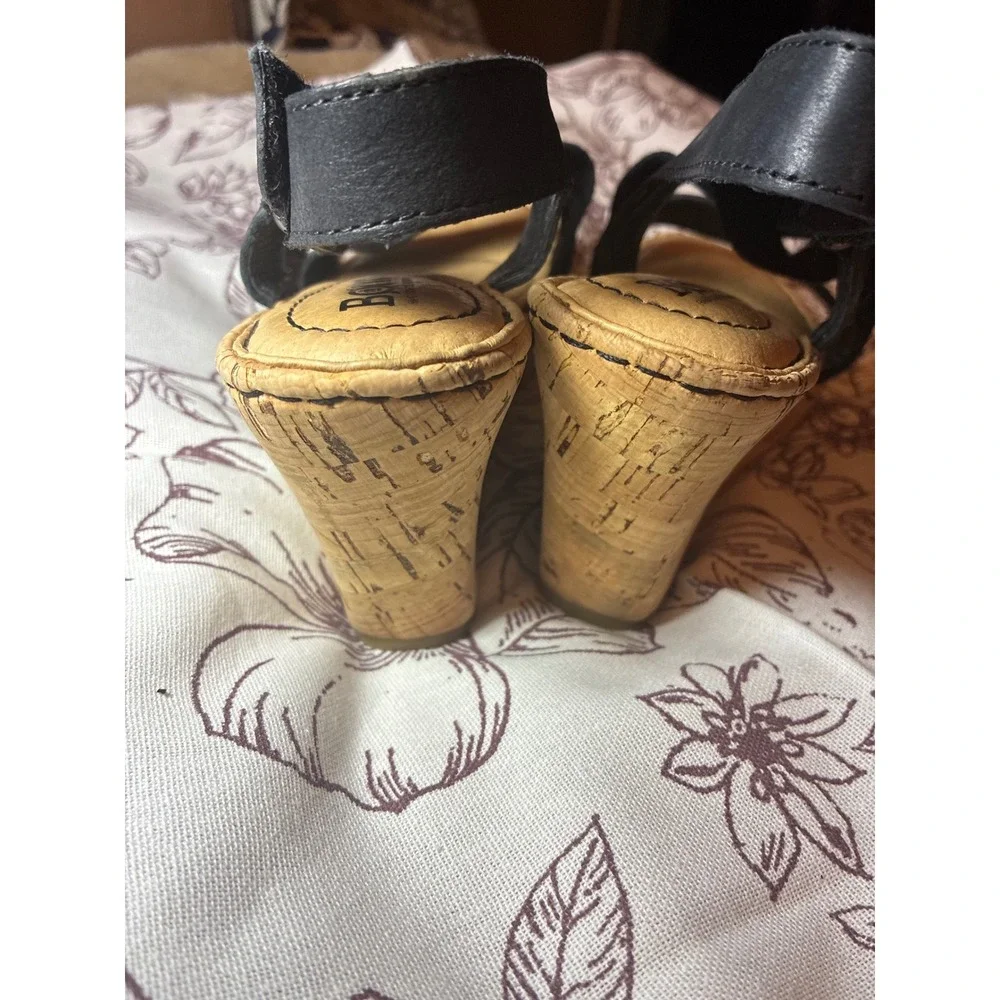 Born Womens F65703 Black Leather Elastic Cork Wedge Slingback Sandals Size 6M